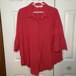 Solitaire 1X Button Down Red Floral Top Embroidered Textured Flare Sleeve Boho
